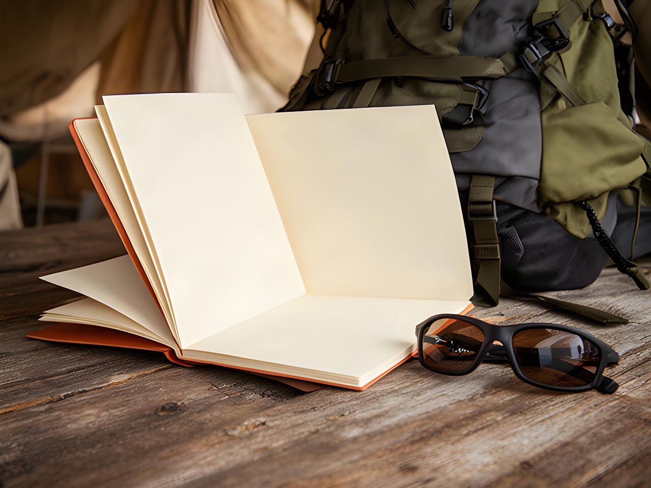 Cuaderno abierto junto a una mochila de excursión y unas gafas sobre una mesa de madera