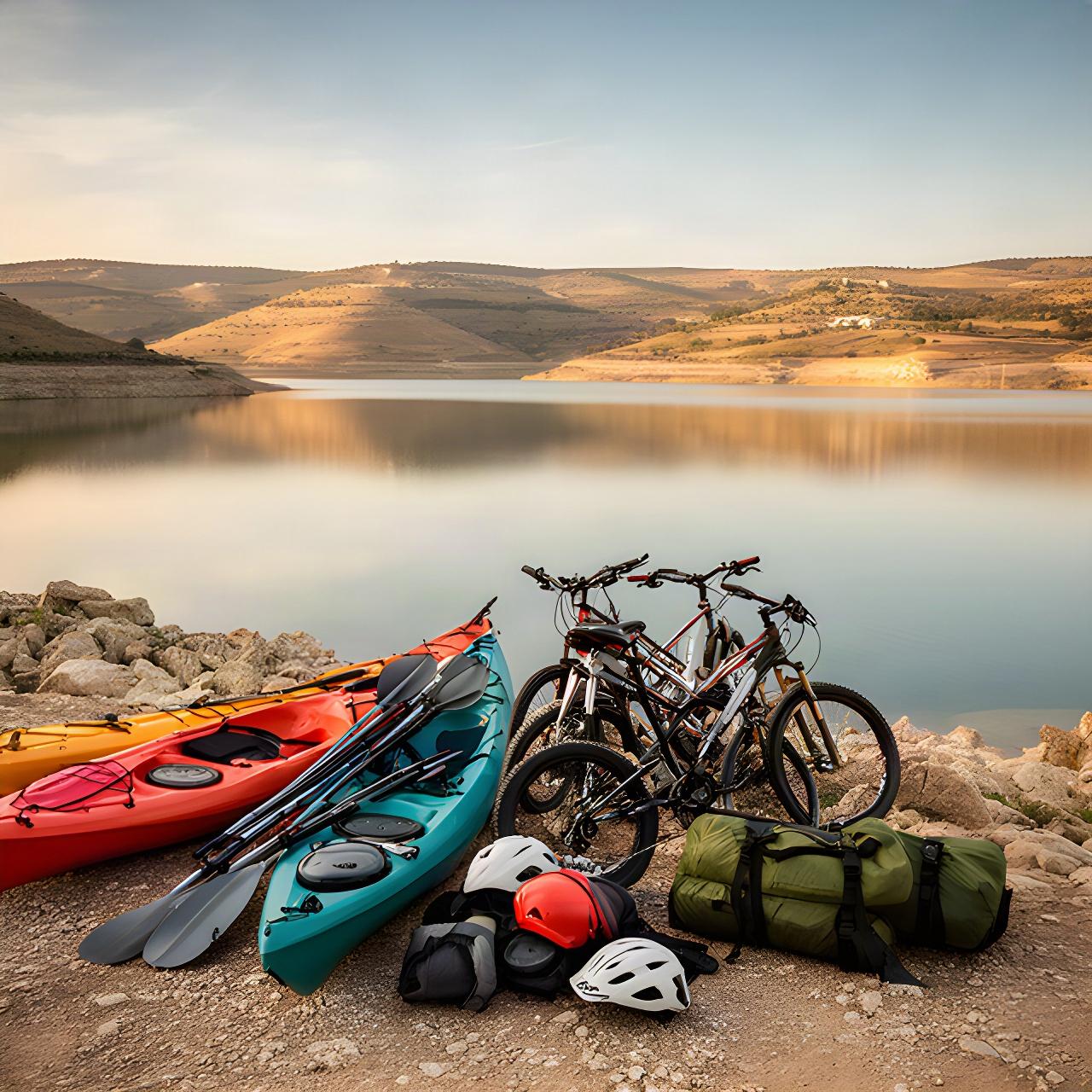 Equipo de kayaks y bicicletas preparado junto a un embalse de Castilla-La Mancha