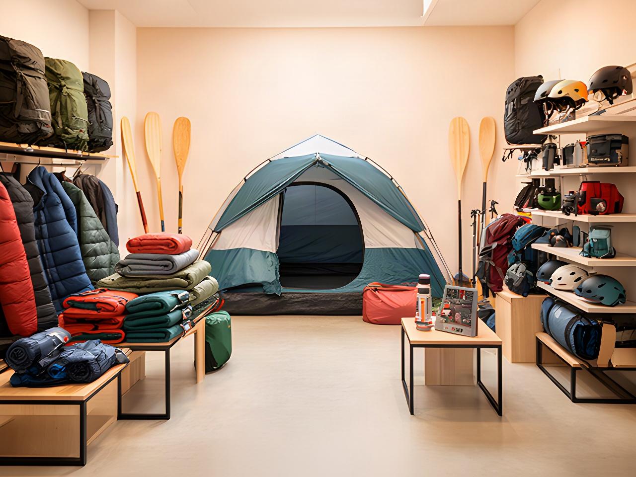 Zona de exposición de Querencia Escapada S.L. con tiendas y material de acampada ordenado
