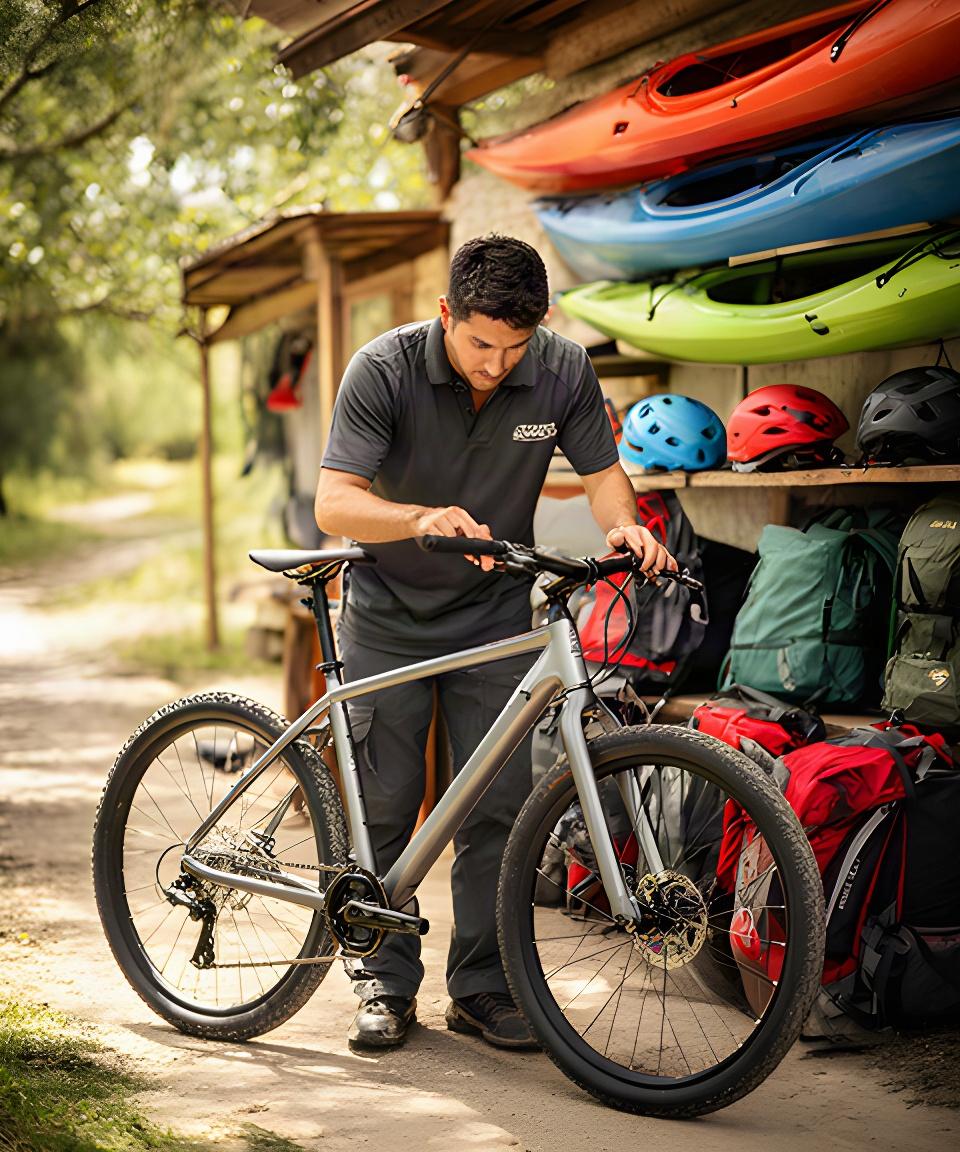 Persona revisando una bicicleta de alquiler junto a equipo de exterior en Guadalajara