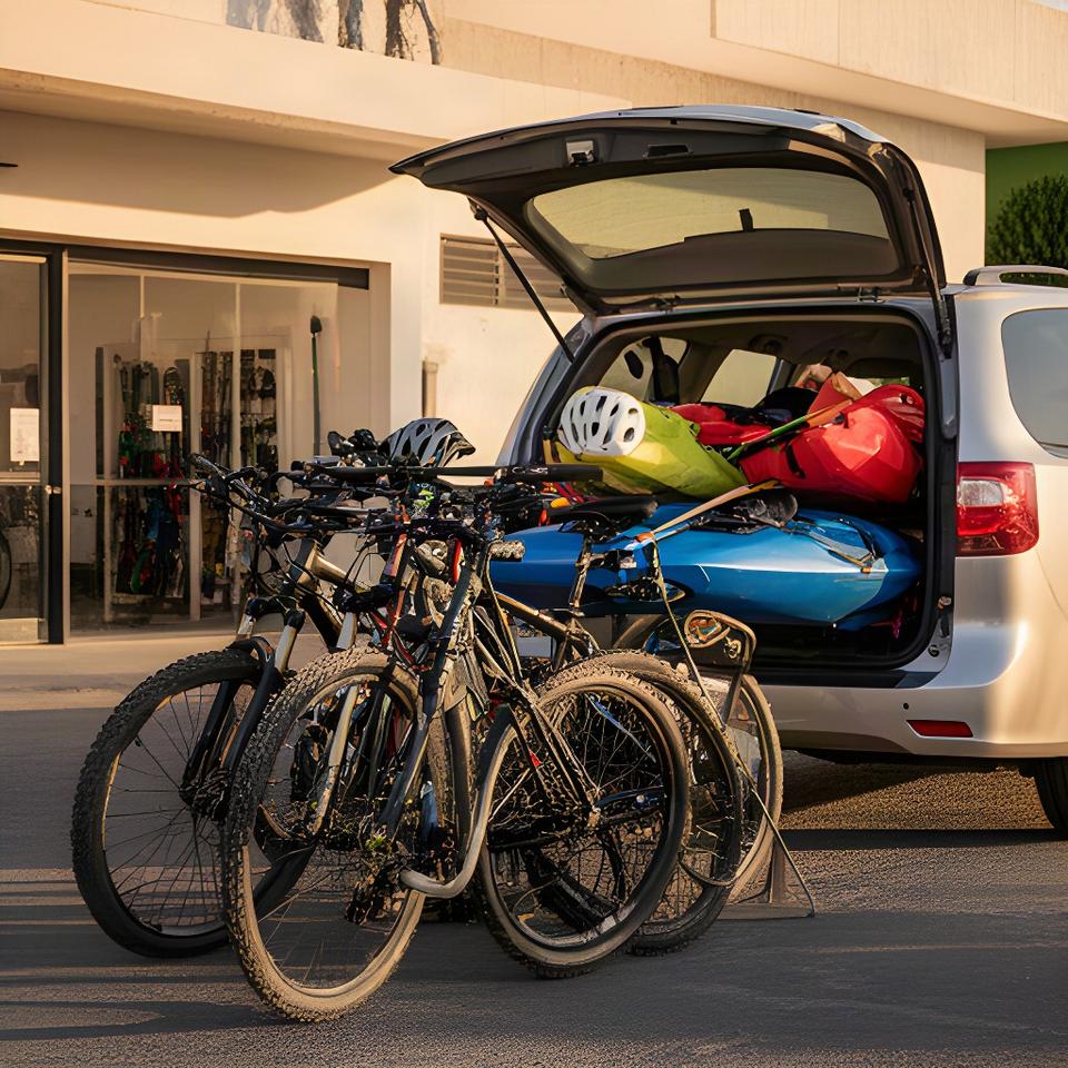 Bicicletas y kayaks preparados para cargar en un vehículo frente al local de Guadalajara
